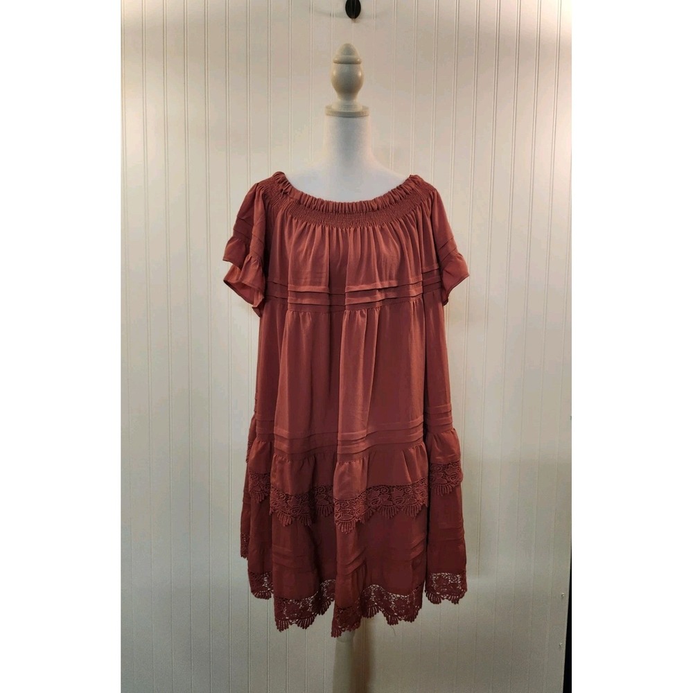 Indigo Thread Co. Women's Mauve Off Shoulder Smock Shift Dress Size XL Ruffles
